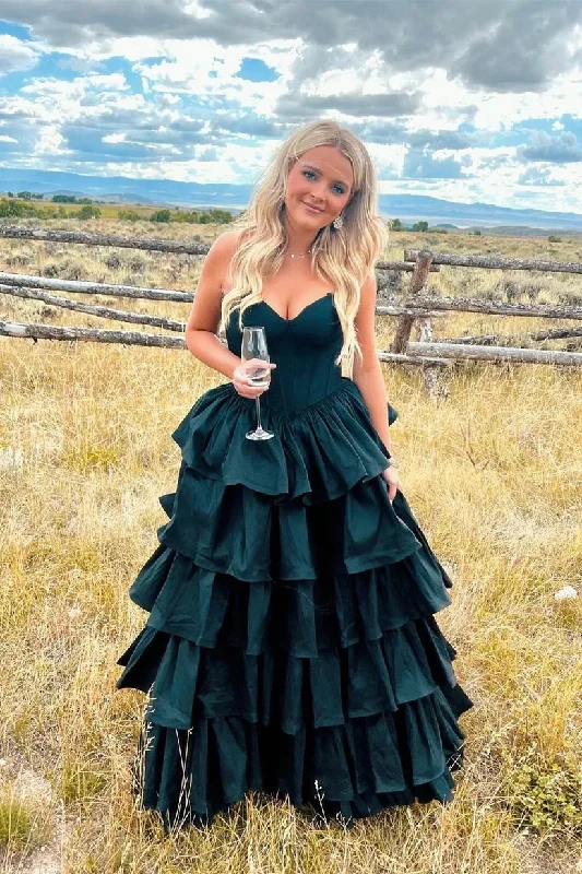 Now or Never Sweetheart Dark Green Ruffles A-line Formal Party Dress, DP2011