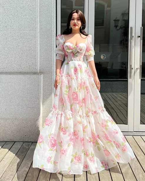 Bonus Savings Floral Sweetheart A-Line Half Sleeves Chiffon Long Party Dress,DP1899