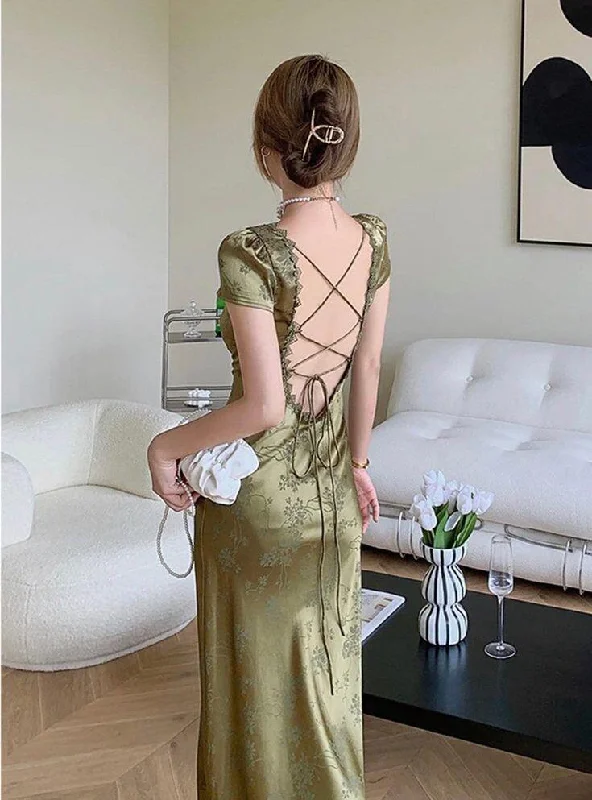 Flash Sale Green Satin Lace V Neck Cap Sleeves Long Party Dress,DP1891