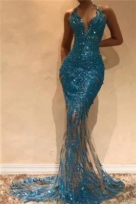 Anniversary Sale Mermaid Illusion Blue Sequins Evening Dresses | Halter Sleeveless Sexy Prom Dresses ,DS4545