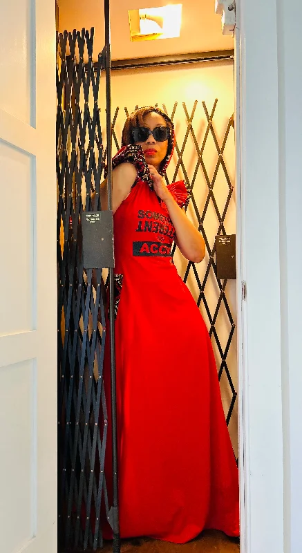 Daily Deals RED SOMETHING DIFFERENT FROM ACCRA MAXI HOODED DRESS, BLACK GLITTER& RUFFLED SLEEVES DETAIL