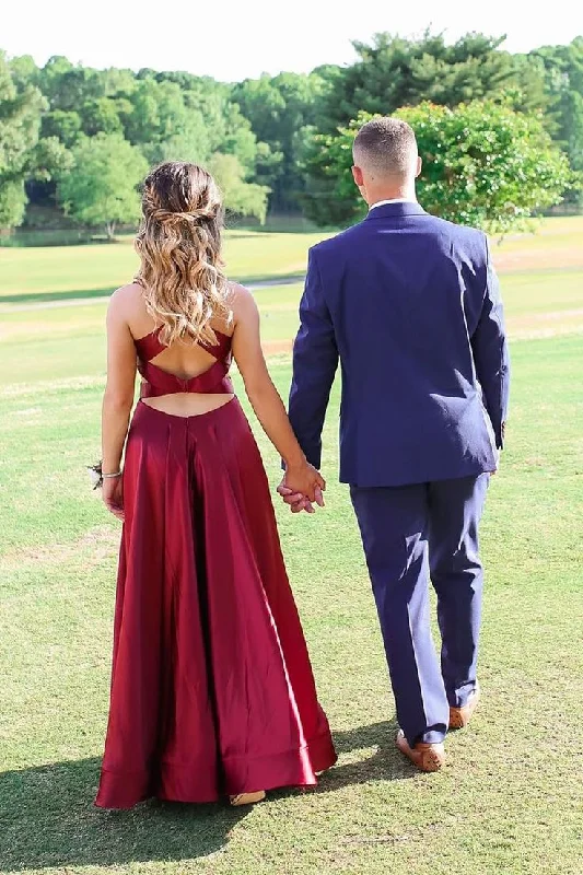 Bargain Prices Burgundy V Neck A-Line Satin Formal Long Party Dress, DP1998