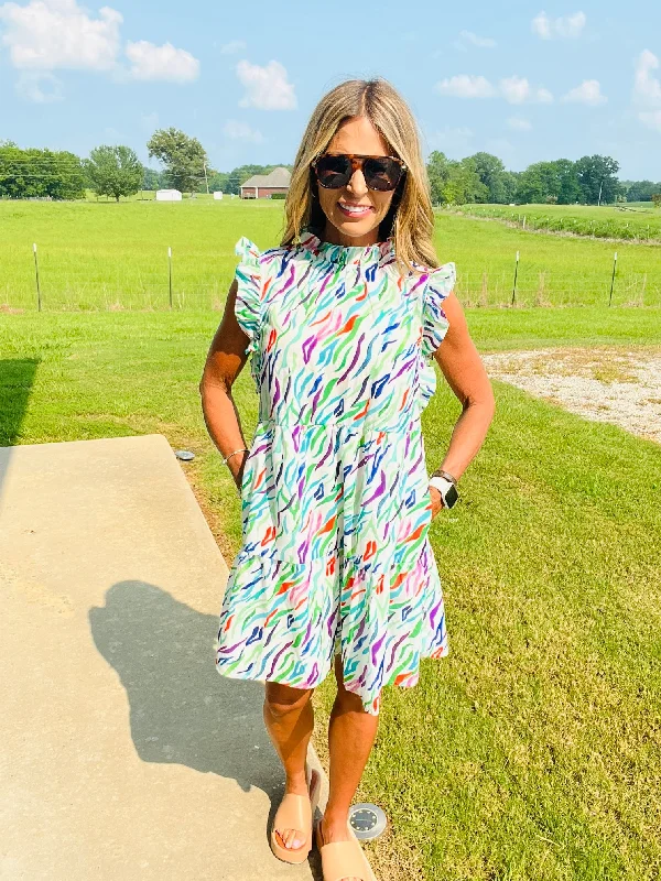 Special Price DANCE THE NIGHT AWAY DRESS- BLUE MULTI-SUMMER SALE