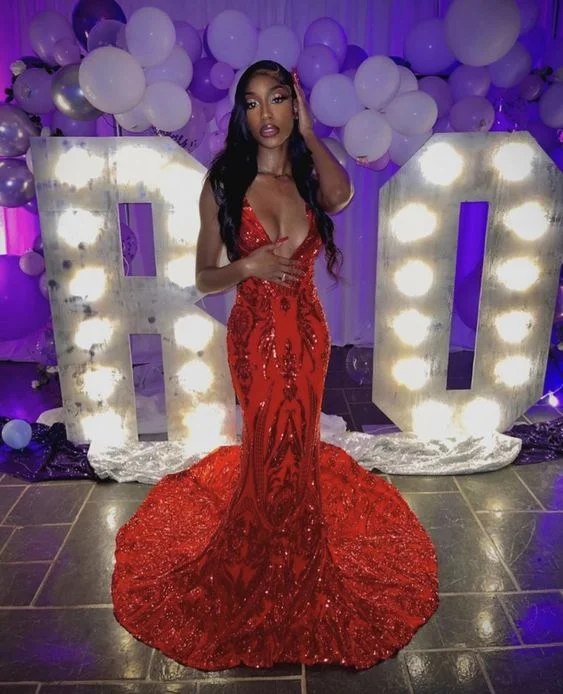 Discount Mania Glamorous Sequins Mermaid Evening Gowns Split Red Prom Dresses,BL18617