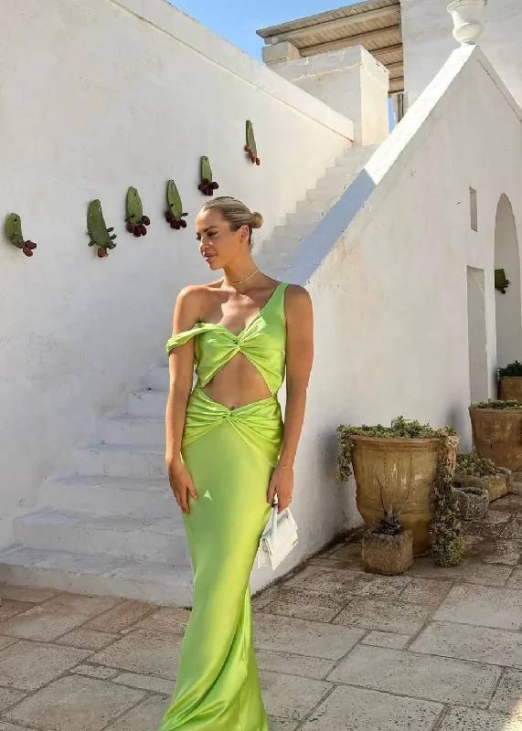 Deal Dash Green V Neck Satin Long Party Dress Wedding Guest Dress, DP2018