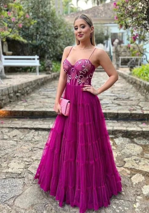 Markdown Madness Fuchsia Spaghetti Straps A-Line Tulle Long Party Dress,DP1787