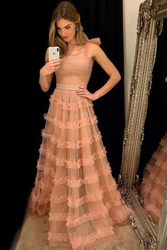 Warehouse Sale Pink Straps A-Line Tulle Long Party Dress,DP1786