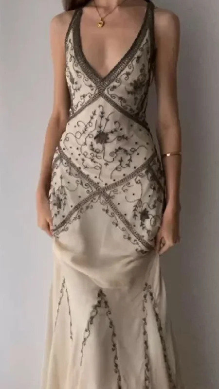 Price Reduction Vintage V Neck Corss Back Beading Mermaid Long Party Dress,DP1938