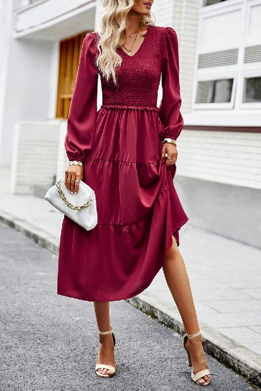 Stock Up and Save WOMEN SMOCKED LONG SLEEVE TIERED CAKE FLOWY DRESS