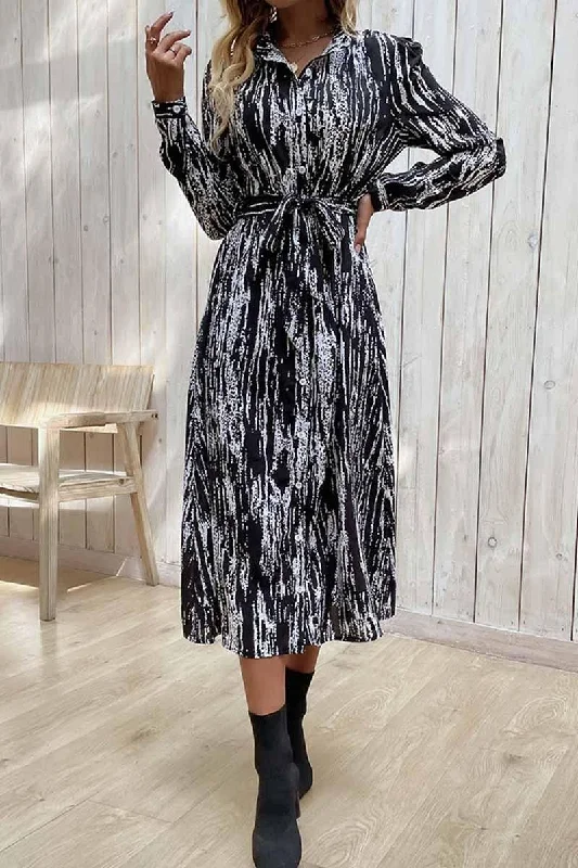 Bargain Blast LONG SLEEVED PRINTED LAPEL SPRING DRESS