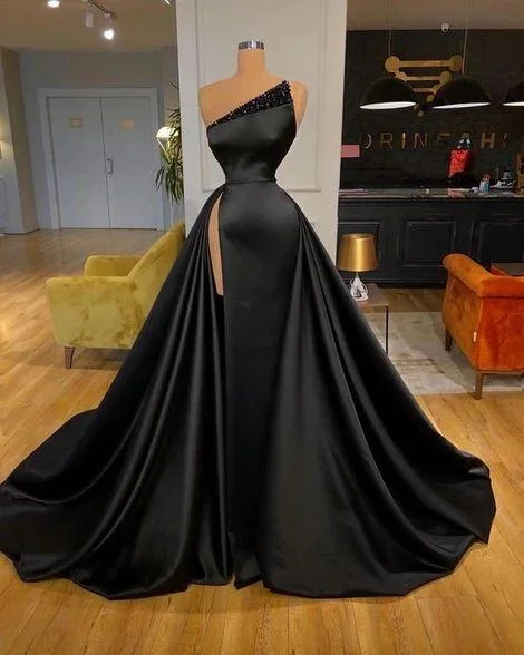 Super Bargain black satin long prom dress one shoulder evening dress,DS4587