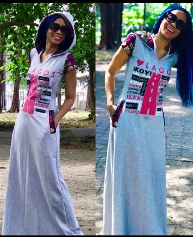 Last Chance Grey Love Lagos Hooded Maxi, Pink Detail