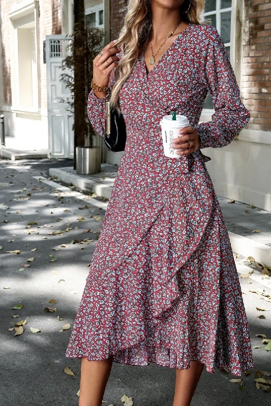 Sneak Peek Sale WOMEN CROSS WRAP RUFFLED V NECK LONG LENGTH DRESS