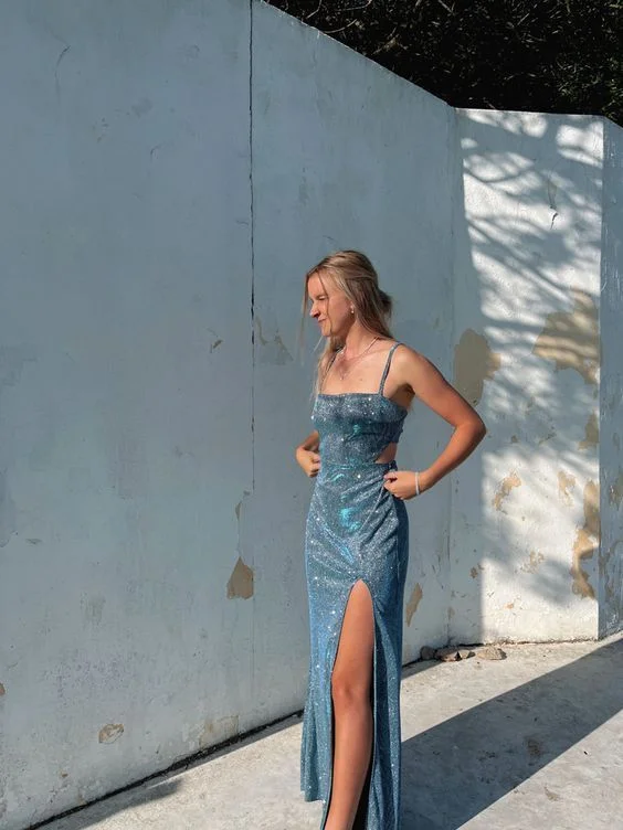 Deal Alert Shiny Spaghetti Straps Open Back Long prom Dress with Slit,DP1778