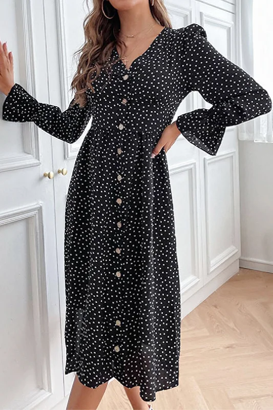 Big Discounts BUTTONED RUFFLED SLEEVE POLKA DOT MIDE DRESS