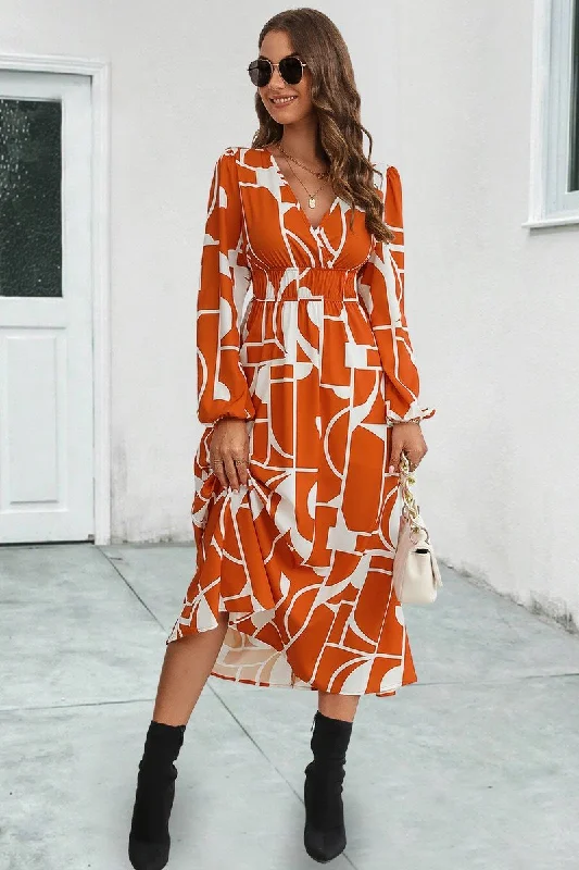 Price Drop WOMEN ELASTIC WAIST V NECK PATTERNED LONG DRESS
