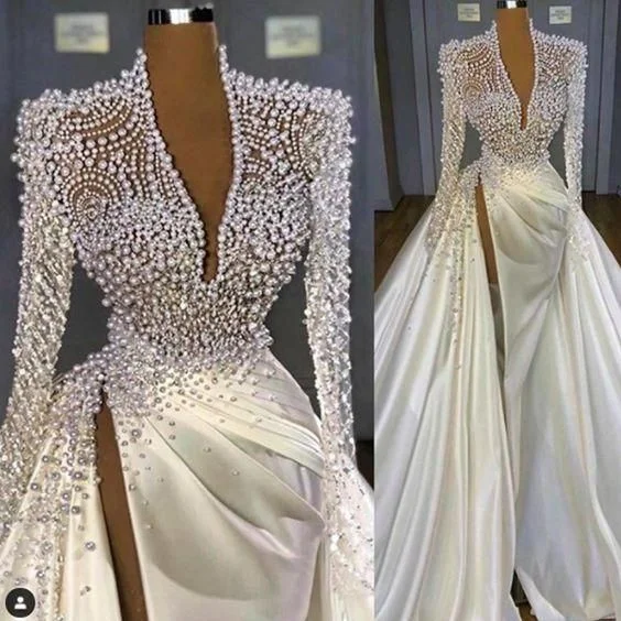 Today’s Deal white prom dresses 2021 deep v neck long sleeve pearls long sleeve a line side slit pleats white long satin long evening dresses gowns,DS4936