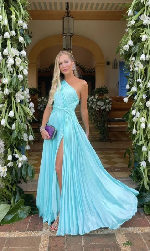 Super Bargain Blue One Shoulder A-Line Pleated Long Party Dress Evening Dress,DP1808