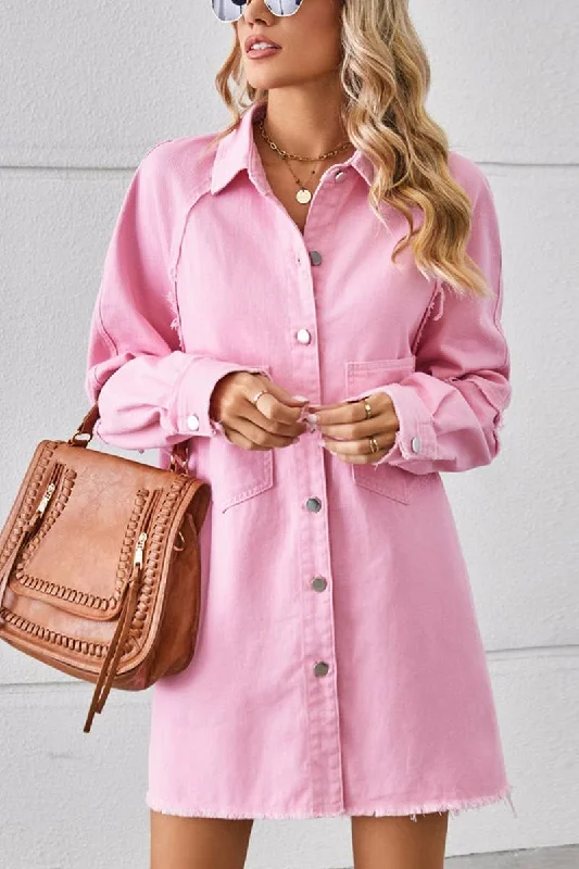 Savings Bonanza 2024 RAW EDGE CARDIGAN DENIM PATCHWORK SHIRT DRESS_CWDSD2577