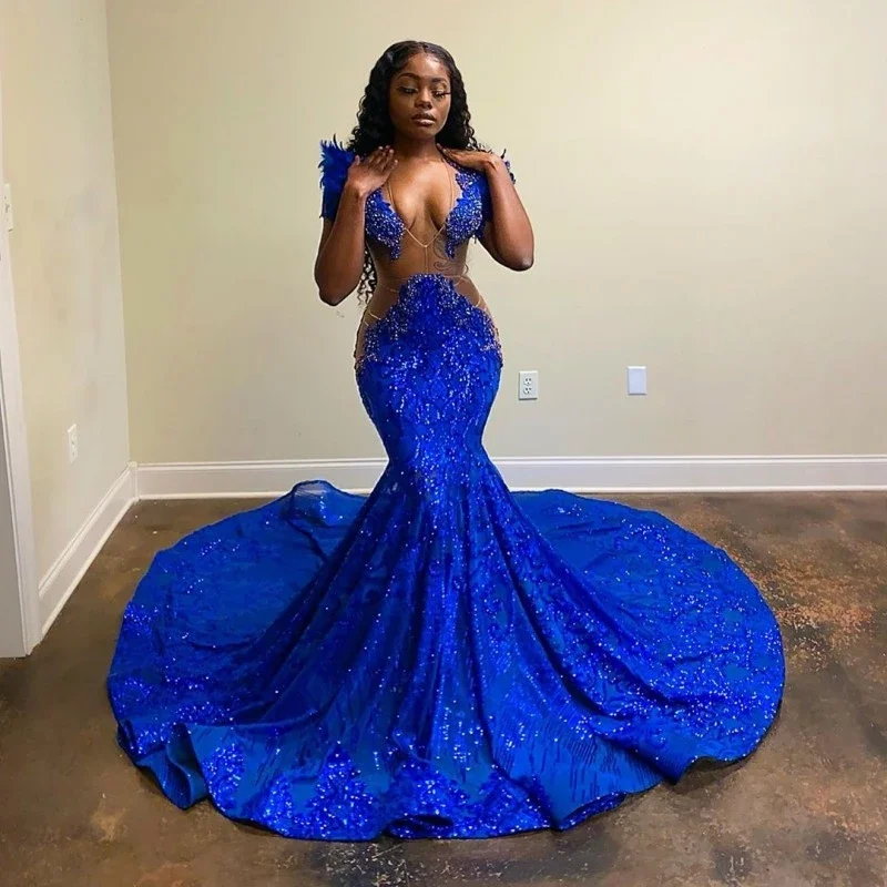Big Savings Long Black Girl Prom Dresses Mermaid Royal Blue Prom Dress Sequins Gala Gown ,DS4858