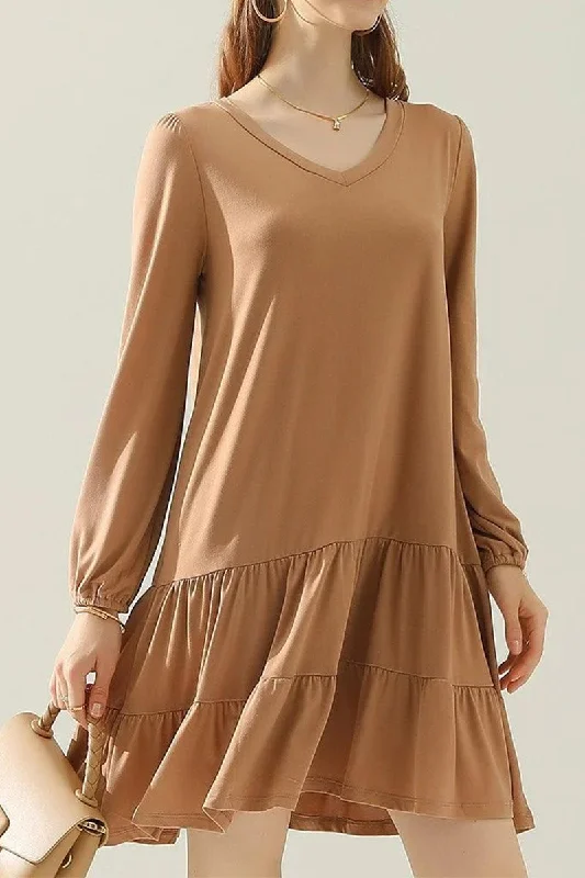 Instant Discount SHIRRING LAYERED HEM DRESS WITH LONG SLEEVE