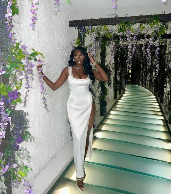 Limited Stock White Square Neck Black Girl Long Party Dress with High Slit,DP1804