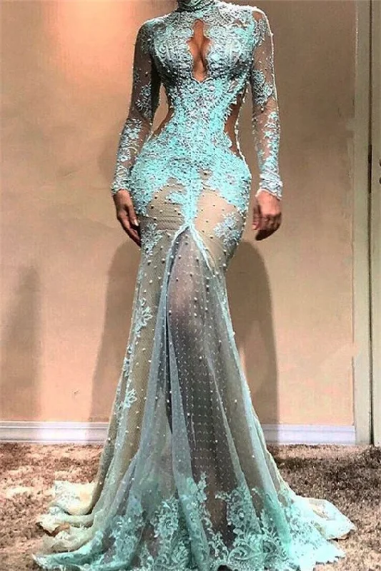 Low Prices Sexy Lace Pearls Long Sleeve Evening Dress,DS4457