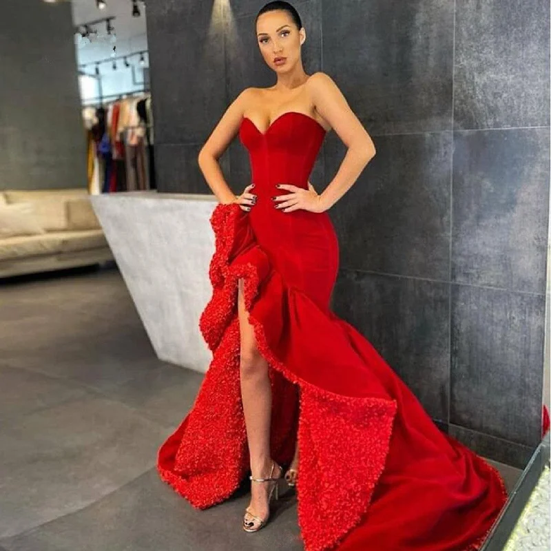 Discount Deals Unique Red Asymmetrical Long Evening Dresses Ruffles Split Prom Gowns,DS4697