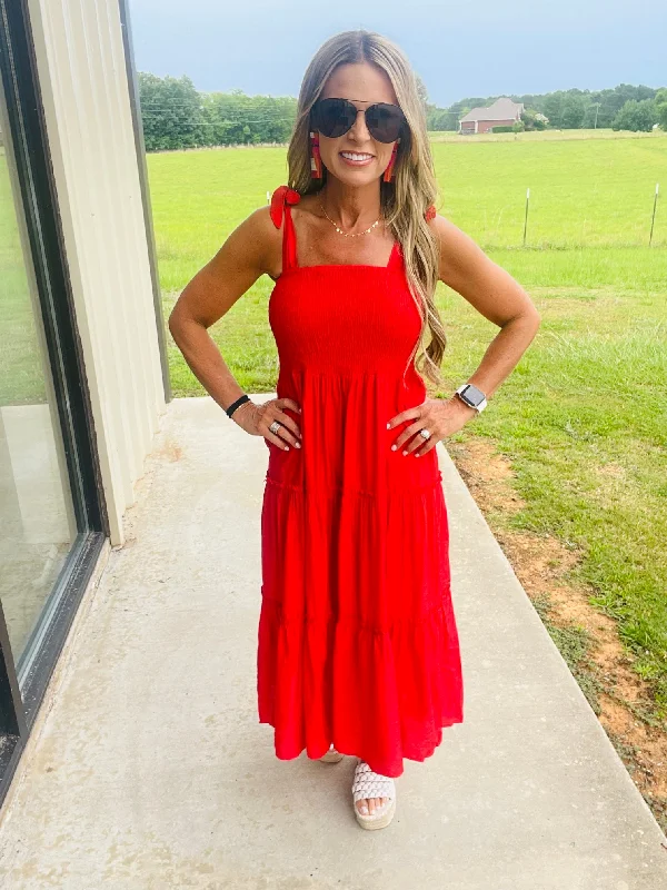 Instant Discount OCEAN BREEZE IN RED MIDI DRESS