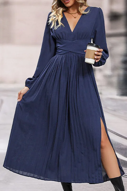 Take Advantage WOMEN LOOSE FIT V NECK LONG SLEEVE SLIT DRESS