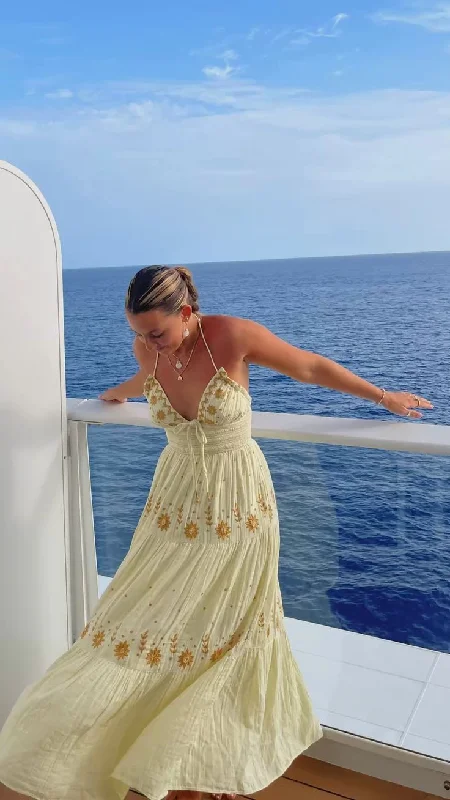 Special Price Light Yellow A-Line Halter Backless Embroidery Long Party Dress Trip Dress,DP1937