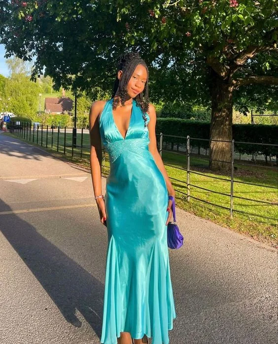 Hot Deal Turquoise V Neck Black Girl Party Dress Wedding Guest Dress,DP1803