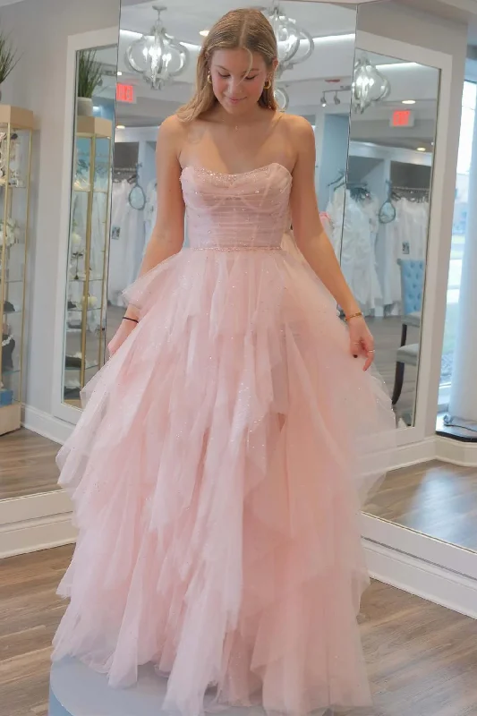 Bargain Blast Light Pink Strapless A-Line Ruffle Tulle Long Prom Dress,DP1913