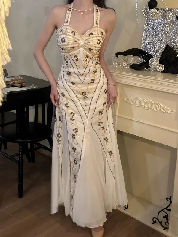 Today's Special Vintage White Halter Beading Mermaid Long Party Dress, DP1999