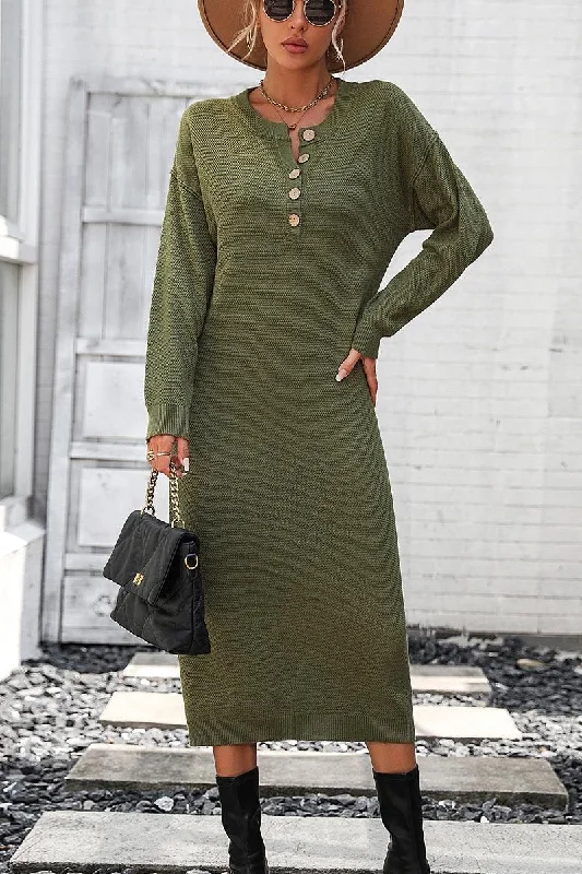 Bargain Prices WOMEN RIBBED SLEEVE BUTTON NECK LONG KNIT DRESS