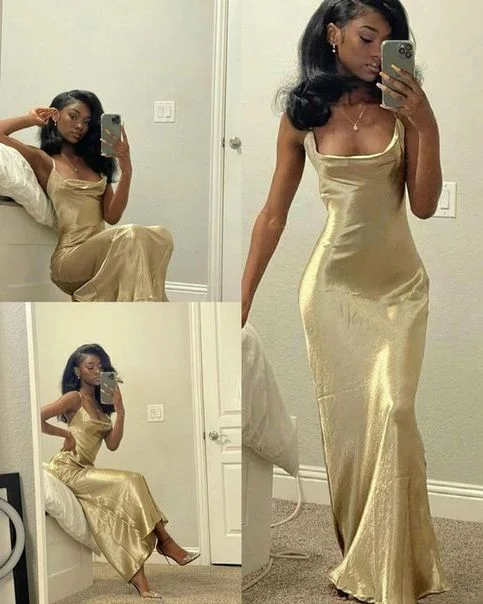 Extra Savings Sexy Gold Mermaid Satin Black Girl Long Party Dress,DP1942
