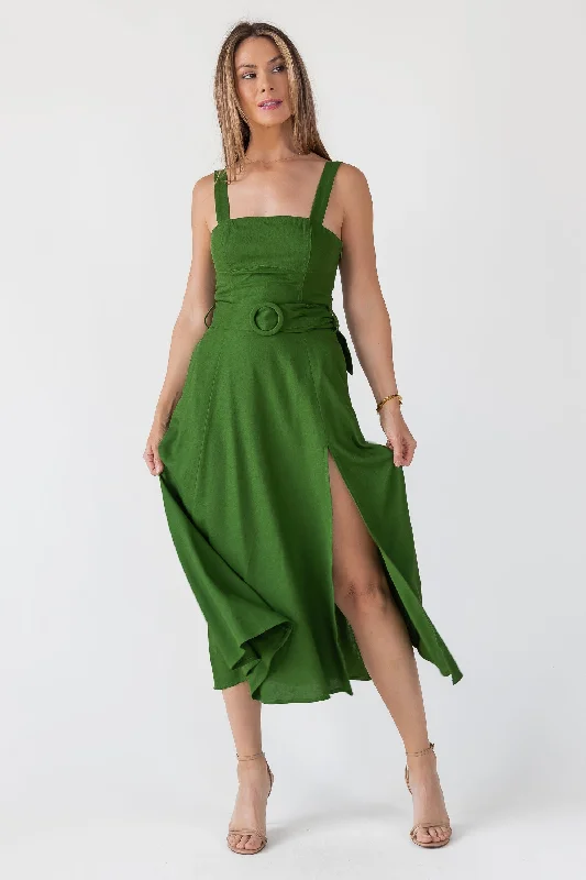 Blowout Deals Green Linen Belted Midi Dress