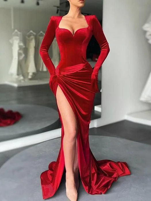 Special Buy Women's Dress Women's Dresses Square-Cut Collar Gloves Long Sleeve Split Evening Dress,DS4537
