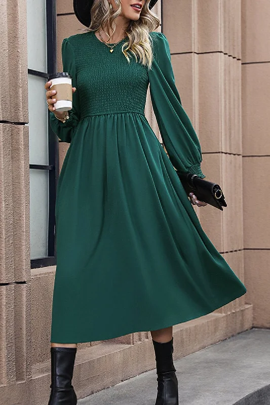 Early Bird Discount WOMEN SMOCKED LONG SLEEVE SWING LONG DRESS