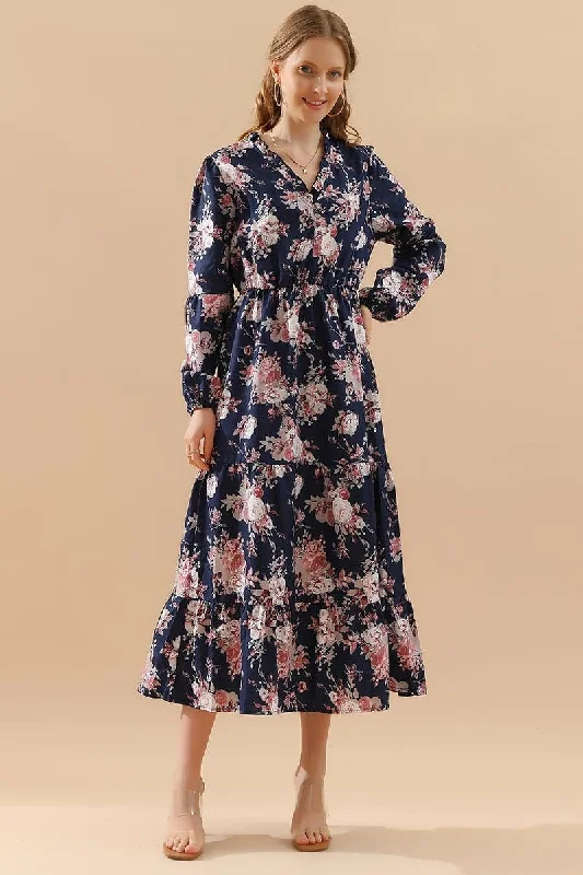 Super Deal FLORAL PATTERN LONG SLEEVE CASUAL DRESS