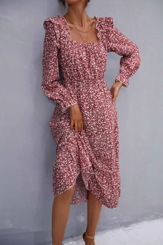 Limited Time Offer FLORAL SQUARE NECK FRILL SHOULDER DRESS