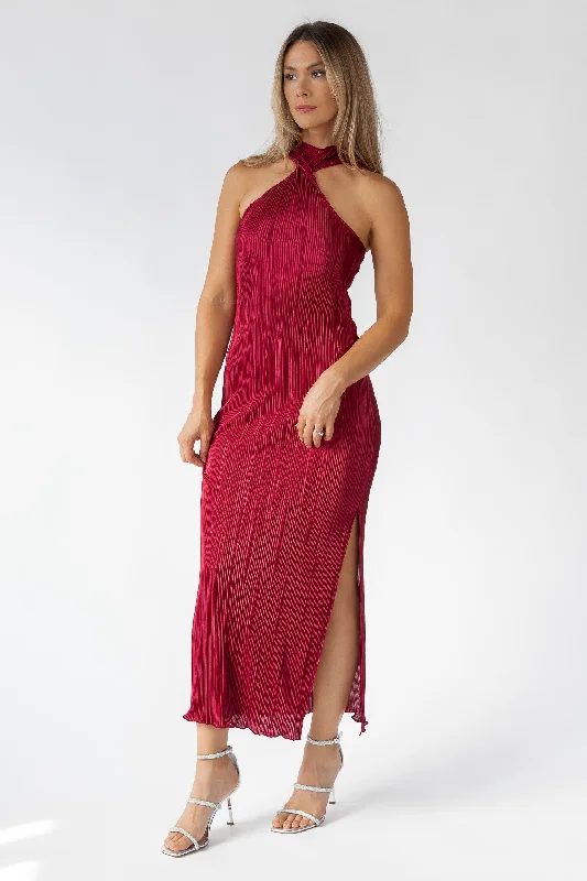 Discount Deals Lys Burgundy Plisse Twist Neck Dress - Final Sale