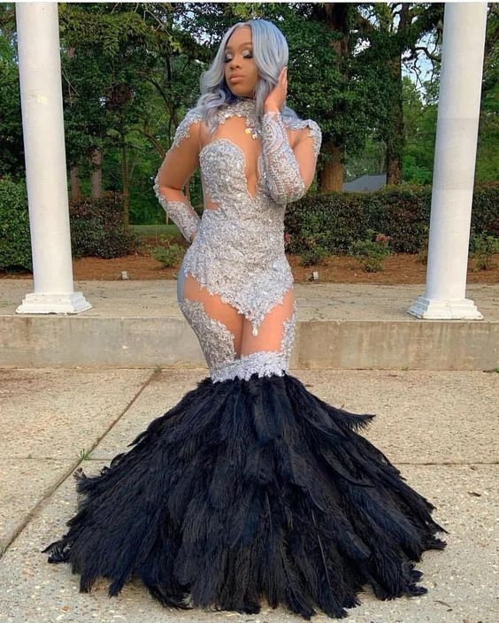 Bargain Prices LONG SLEEVESS LACE APPLIQUES ILLUSION FUR TRAIN MERMAID SILVER PROM DRESSES,DS4519