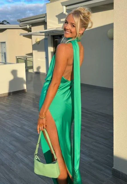 Anniversary Sale Green Halter Backless Long Party Dress Wedding Guest Dress, DP2027