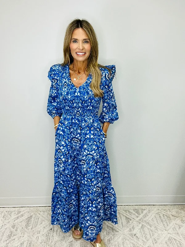Price Rollback LULU BLUE FLORAL MIDI DRESS