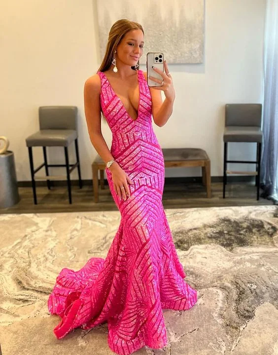 Value Deals deep v-neck long sequin mermaid pink prom dresses,DS4930