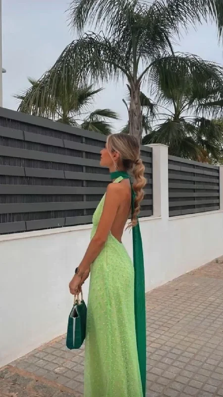 Holiday Sale Green Halter Backless A-Line Long Party Dress Wedding Guest Dress,DP1928