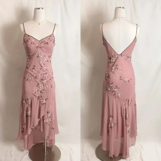 Special Discount Vintage Dusty Pink Straps Ruffle Asymmetrical Midi Length Party Dress,DP1858
