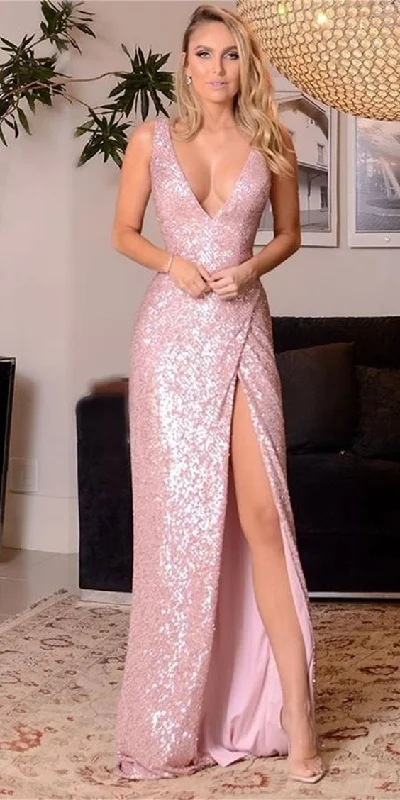 Special Savings Sheath V Neck Sequins Slit Pink Prom Dress,DS4646