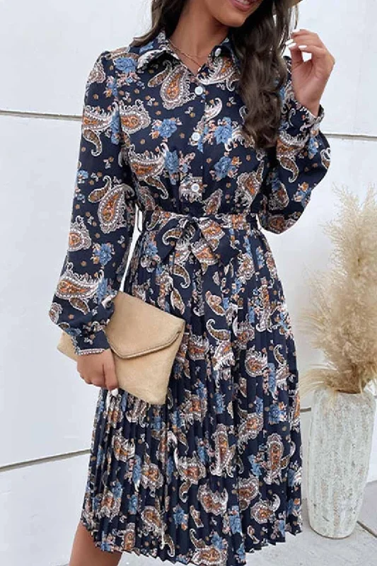 Mega Sale LONG SLEEVED PRINTED LAPEL PLEATED DRESS